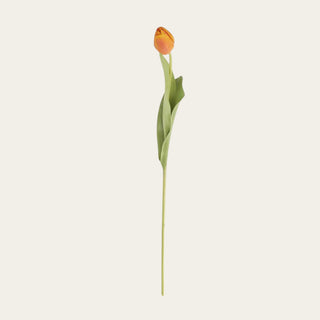 Single 26.75-inch orange True Bloom real touch tulip stem with closed orange bloom, long green silk leaves, and green faux stem