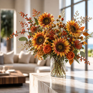 Orange tri-color sunflower stems arranged with orange flowers, berries, branching foliage, and greenery in a clear glass vase on a marble table
