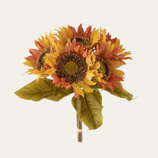 Bundle of five 10.25-inch Standard Faux sunflowers with golden yellow, burnt orange, and rusty red-orange petals, dark centers, and olive-green leaves.