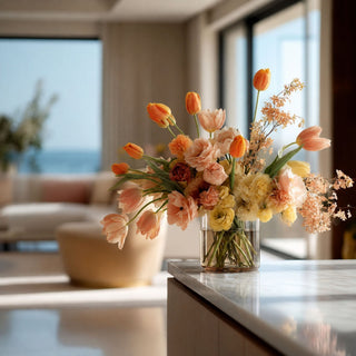 Real Tocuh True Bloom Orange tulip stems styled in a beautfiul arrangement on a stylish marble top table in a modern decor style home with coastal views