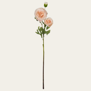Single 25-inch Peach True Bloom Real Touch triple bloom ranunculus stem with layered peach petals, natural foliage, and flexible wired stem for year-round floral arrangements because the soft peach tone transitions beautifully between spring pastels and richer fall florals.
