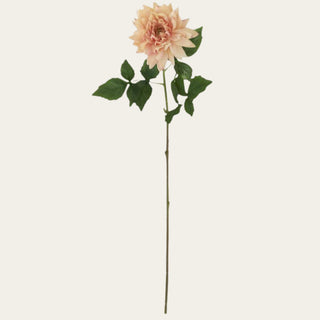 Peach Real Touch Dahlia Stem shown in full view with layered peach petals, a darker pink center undertone, traditional faux green leaves, and a wired shapeable stem for everyday, narrow-neck, standard, wide-mouth, and statement vase arrangements.
