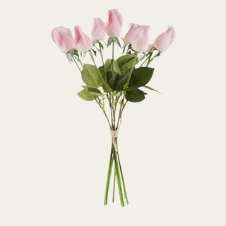 17.5-inch Pink True Bloom Real Touch Rose 9 Stem Bud Bundle featuring realistic soft pink rosebuds and flexible stems that pair beautifully with hydrangeas, chamelaucium, lisianthus, eucalyptus, and seasonal florals for spring, summer, and winter arrangements.