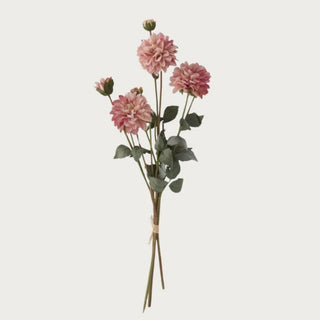 Pink Faux Dried Dahlia Bundle of 3 Stems shown in full view with soft pink blooms, traditional faux leaves, and wired shapeable stems for everyday, narrow-neck, standard, wide-mouth, and statement vase arrangements.