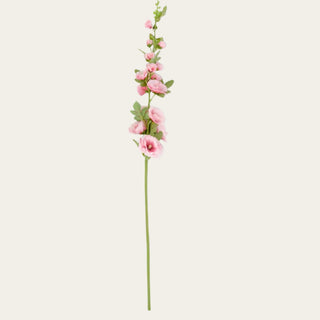Single 43-inch pink faux hollyhock stem with layered blooms, velvet-textured foliage, and flexible wired stem for spring, summer, and early fall floral arrangements with airy garden-inspired styling.