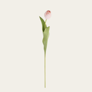 Single pink True Bloom real touch tulip stem with soft pink petals, lifelike green leaves, and a flexible stem