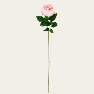 Single artificial true bloom real touch pink rose stem with green leaves on a light beige background