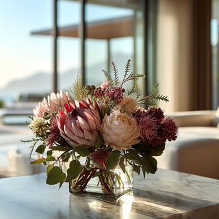 Luxury faux protea floral arrangement with textured greenery in a clear glass vase on a marble coffee table, styled in a bright modern coastal living room with ocean view and warm natural sunlight, designer statement home decor