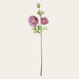 Single 25-inch Purple True Bloom Real Touch triple bloom ranunculus stem with layered purple petals, natural foliage, and flexible wired stem for year-round floral arrangements because the rich purple tone pairs beautifully with both soft neutrals and deeper seasonal florals.