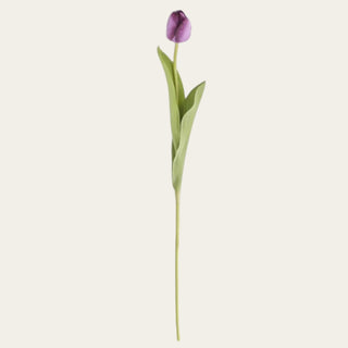 Single purple True Bloom real touch tulip stem with rich purple petals, lifelike green leaves, and a flexible stem