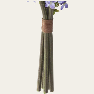 Stem detail of a 15.5 inch artificial purple faux lilac bundle showing realistic Real Touch greenery, wired flexible stems, and beautifully detailed faux lilac blossoms.