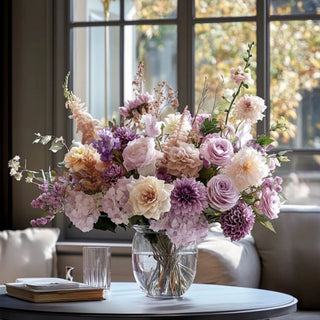 Purple faux dried dahlia stems styled in a glass vase with cream roses, white hydrangeas, lavender roses, blush florals, and airy greenery for spring, summer, and fall arrangements.
