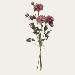 Purple Faux Dried Dahlia Bundle of 3 Stems shown in full view with muted purple blooms, traditional faux leaves, and wired shapeable stems for everyday, narrow-neck, standard, wide-mouth, and statement vase arrangements.
