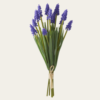 Purple Real Touch artificial Grape Hyacinth Bundle shown in full view with clustered purple blooms, slim green leaves, and petite stems for petite, narrow-neck, everyday, and standard vases in spring, summer, fall, and winter styling.