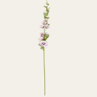 Single 43-inch purple and white faux hollyhock stem with layered blooms, velvet-textured foliage, and flexible wired stem for spring, summer, early fall, early winter floral arrangements with airy garden-inspired styling.