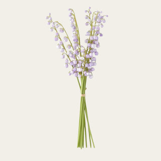 Purple real touch lily of the valley 9-stem bundle with petite bell-shaped blooms and flexible green faux stems