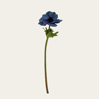 Dark blue real touch anemone stem with realistic petals and dark center, 17.5-inch faux floral stem photographed on a white background for home decorating and floral arrangements