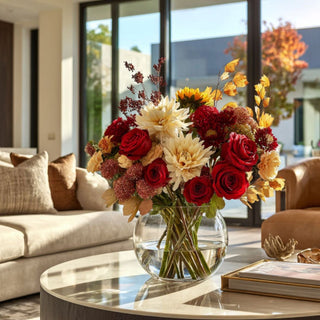 The Red True Bloom Real Touch Duchess roses styled in a fall faux floral arrangement with cream dahlias, warm autumn foliage, burgundy accents, and a round glass vase.