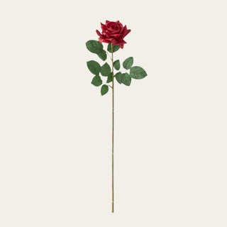 Single red True Bloom real touch duchess rose stem with rich layered petals, faux green leaves, and a wired stem