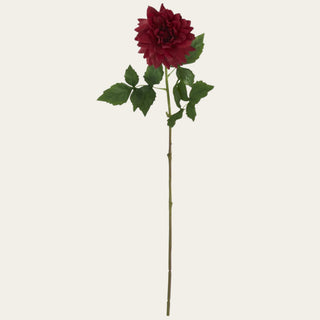 Red Real Touch Dahlia Stem shown in full view with layered red petals, traditional faux green leaves, and a wired shapeable stem for everyday, narrow-neck, standard, wide-mouth, and statement vase arrangements.