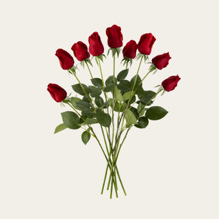 Displayed Red True Bloom Real Touch Faux 17. Inch Rose Bud Bundle - 9 Stem styled on a neutral background