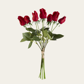 Red True Bloom Real Touch Faux 17. Inch Rose Bud Bundle - 9 Stem styled on a neutral background