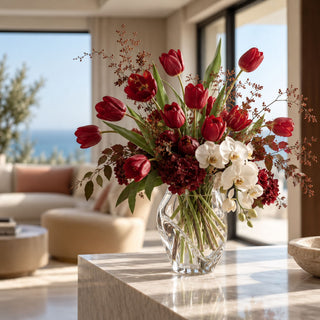 Red True Bloom Real Touch tulip stems arranged with white orchids, burgundy flowers, berries, and foliage in a clear glass vase.