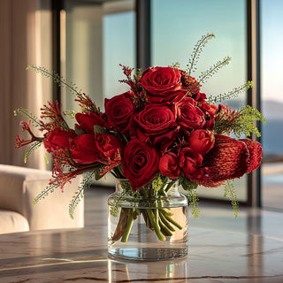 Red rose faux floral arrangement in a clear glass vase on a marble table, styled in a luxury modern coastal living room with ocean view and warm natural light