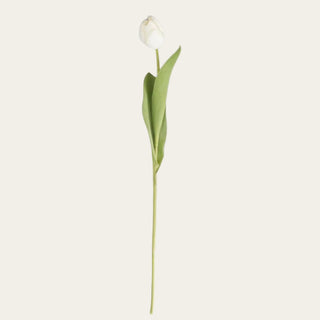Single white True Bloom real touch tulip stem with lifelike white petals, soft green leaves, and a flexible stem