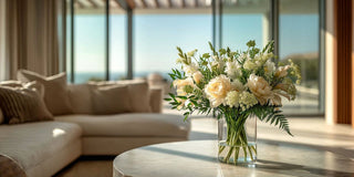 Step 5 of how to build a floral arrangement   the final step of an arrangement styled on a marble table in a modern luxury home
