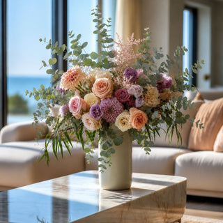 Styled gunnii eucalyptus floral arrangement in a cream cylinder vase on a marble coffee table in a luxury modern home 