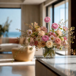 Pink True Bloom real touch ranunculus stem featuring two open layered blooms and one developing bud on a flexible green stem. This soft pink faux floral stem works beautifully in spring, summer, and romantic year-round arrangements, pairing effortlessly with garden roses, peonies, dahlias, cosmos, and flowering branches for a fresh, designer-inspired floral display.