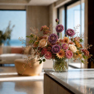 Designer-inspired late summer and early fall floral arrangement featuring purple real touch ranunculus stems with buds, blush roses, dusty pink dahlias, soft peach cosmos, textural sedum, and airy branching accents arranged in a clear glass vase. Styled on a marble countertop in a modern luxury home with natural light and a sophisticated seasonal color palette.