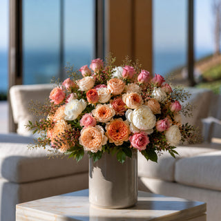 Coral True Bloom Real Touch rose bud bundles styled with blush florals, peonies, and layered greenery in a romantic arrangement perfect for spring, summer, and early fall styling.