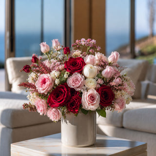 Red True Bloom Real Touch rose bud bundles styled with blush florals, white blooms, and layered greenery in a romantic arrangement perfect for year-round floral styling and elegant holiday decorating.

