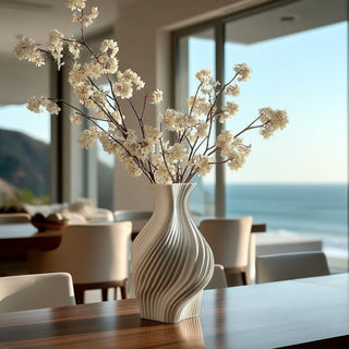 Calista White Ceramic 3D Printed Decorative vase with white flowers on a table in a room with large windows showing a scenic view.