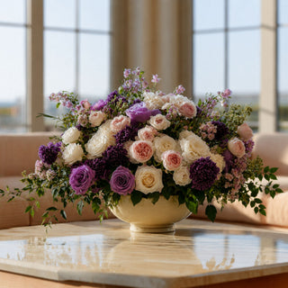 Dark Purple True Bloom Austin rose stems styled with layered cream florals, lavender blooms, and soft greenery in a romantic garden-inspired arrangement for year-round floral styling.