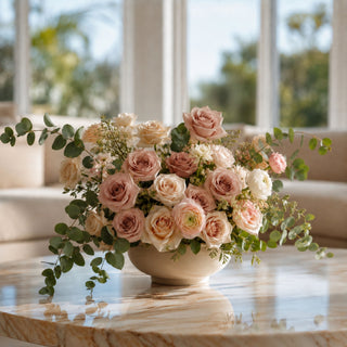 A floral arrangement of blush pink and cream roses with green eucalyptus stems in a round cream vase, displayed on a polished marble table in a bright, modern living room.