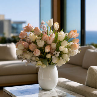 Light peach True Bloom real touch tulip stems styled in a white ceramic vase with white florals and soft greenery in a refined living room arrangement