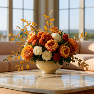 Orange True Bloom Austin rose stems styled with warm autumn florals, cream blooms, and layered greenery in a rich seasonal arrangement for elevated fall-inspired styling.