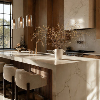 Small white ceramic loop handle vase styled with airy neutral branches on a marble kitchen island in a warm modern kitchen with wood cabinetry