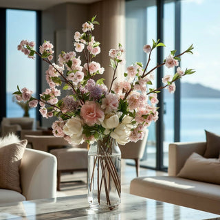 Light purple True Bloom real touch blossom branches styled in a tall glass vase with white peonies and pink roses, soft lavender filler, and airy branch stems in a bright modern living room