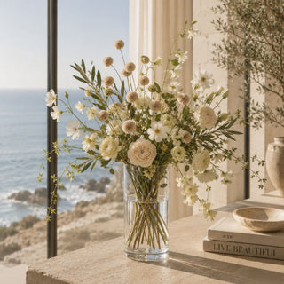 Luxury California coastal faux floral arrangement with soft tan pompom flowers, cream garden roses, ivory blooms, olive branches, and lush greenery in a clear glass vase. A timeless late summer centerpiece for modern luxury home décor.