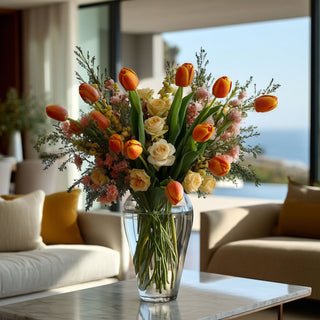 Real Tocuh True Bloom Orange tulip stems styled in a beautfiul arrangement on a stylish coffee table in a modern decor style home with coastal views