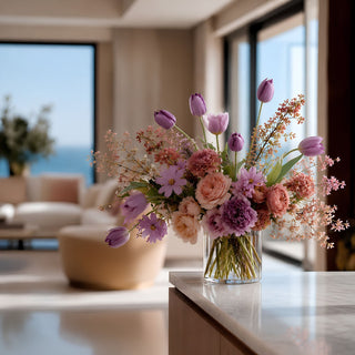 Purple True Bloom Real Touch 26.75 Inch Tulip stem styled in a beautiful floral arrangement in a clear glass vas eon a marble table in a luxury modern coastal home