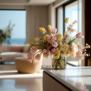 Long 26.75 inch styled yellow true bloom real touch tulip stems in a vase with complementary pink florals. styled on a console table in a luxury modern living room with neutral colored furniture and ocean views in the background.