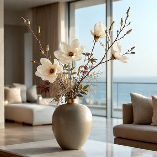 A matte beige ceramic vase with a gold-toned neck, filled with  articial 27 Inch white gilded magnolia blossoms and delicate brown branches, set on a light marble table in a modern, sunlit living room with a view of the ocean.