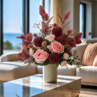 A floral arrangement in a light cream vase, featuring pink roses, burgundy pom-pom flowers, and dusty rose foliage, displayed on a marble-topped table in a bright, modern living room.