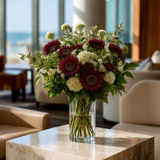A vibrant artificial flower bouquet in a clear glass vase, styled on a marble-topped table in a modern, sunlit living room.