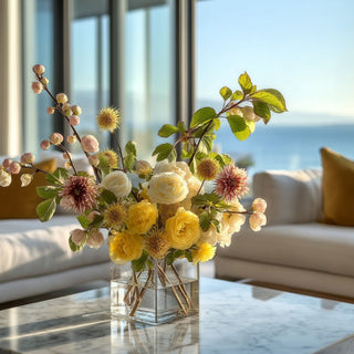 Crabapple Stem Luxury Faux Floral arrangement in a clear vase on a marble table with a modern interior background